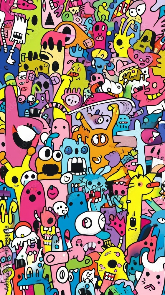 Colorful Cartoon Characters in a Large Group of Fun and Adventure