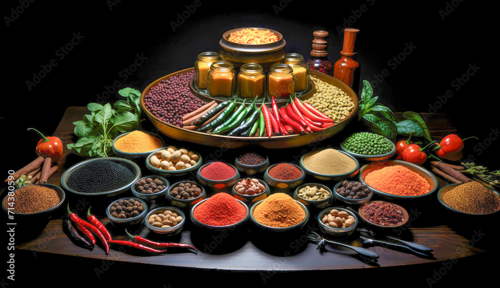 Picture of a chef's arrangement of cooking utensils and ingredients on a wooden table