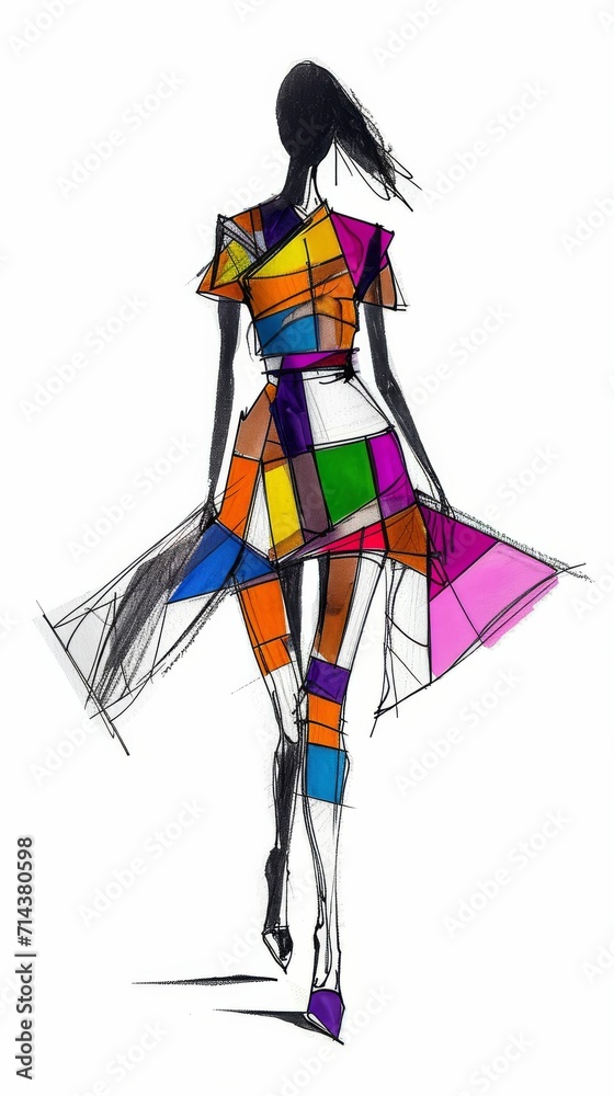 Vibrant Drawing of Woman in Colorful Dress