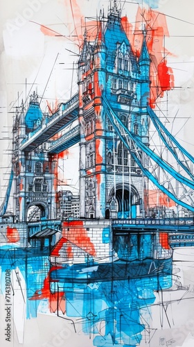 Tower Bridge Drawing in London, Iconic Architecture in a Beautiful City Landmark