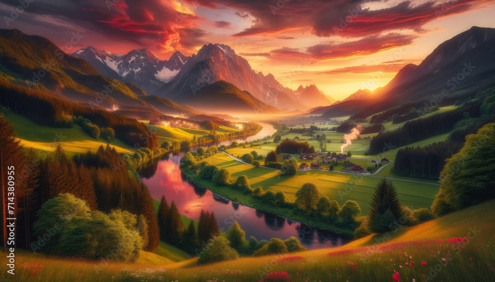 Breathtaking Mountainous Landscape at Sunset with River and Vibrant Sky