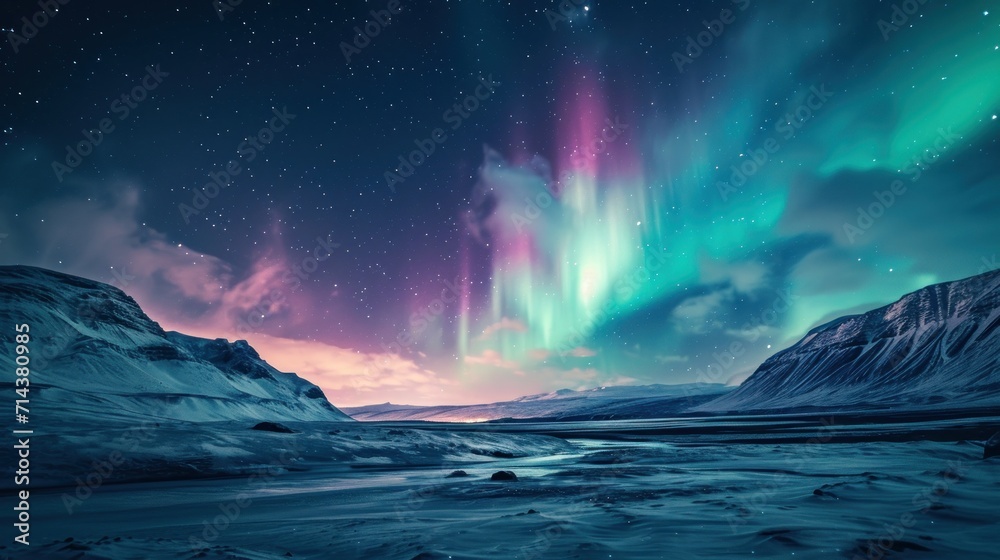  the aurora bore is shining brightly in the sky above a snowy mountain valley with a stream in the foreground and a stream in the middle of the foreground.