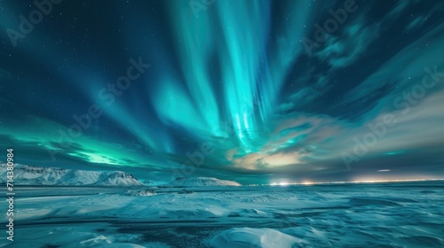  a green and blue aurora aurora aurora aurora aurora aurora aurora aurora aurora aurora aurora in the sky above some snow covered mountains and snow covered ground with a few clouds.
