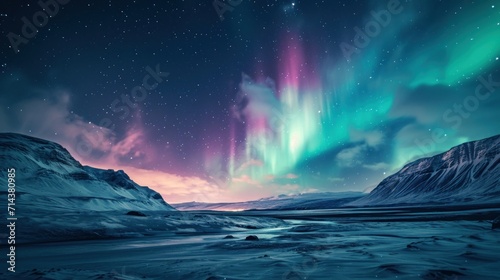  the aurora bore is shining brightly in the sky above a snowy mountain valley with a stream in the foreground and a stream in the middle of the foreground. © Anna