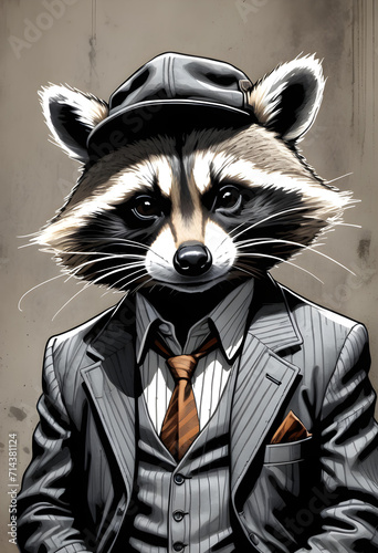 art illustration of a racoon gangster. generative ai photo
