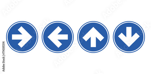 Bundle set of round circle blue direction sign, in isolated white
