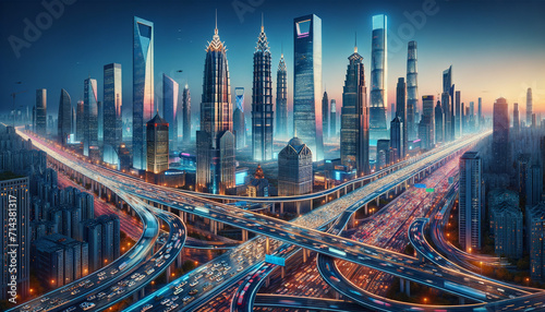 Dazzling futuristic cityscape at dusk with illuminated skyscrapers and busy highways