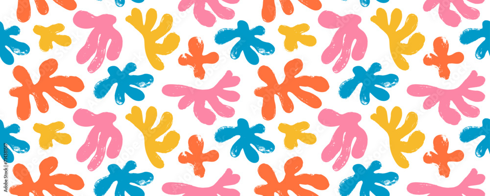 Bright colored algae silhouettes seamless banner in Matisse style. Brush drawn organic shapes.