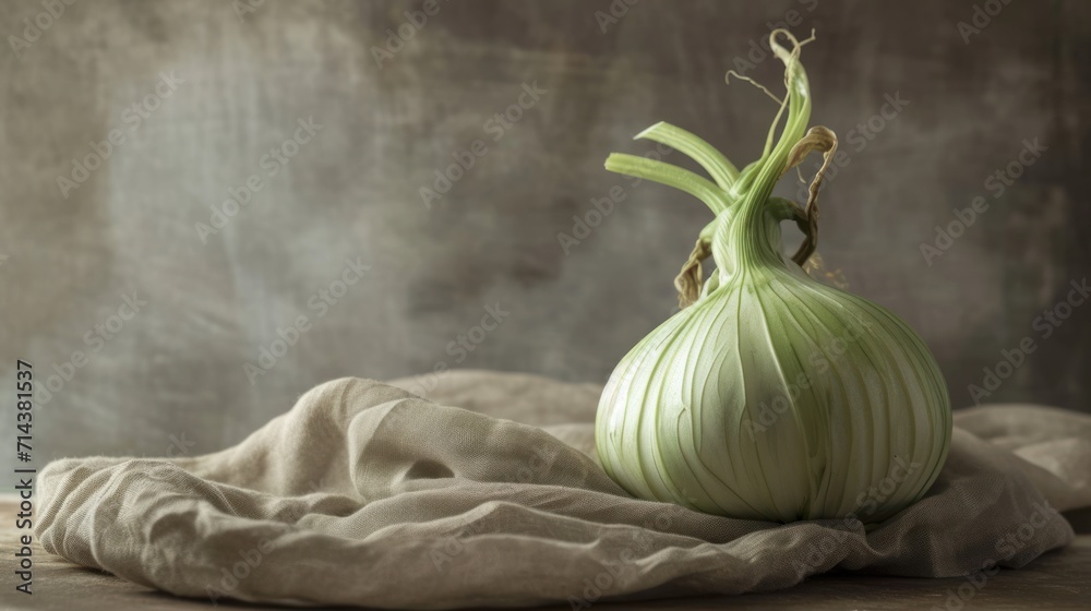  a green onion sitting on top of a table next to a piece of cloth on top of a piece of cloth on top of a table cloth on top of a wooden table. - obrazy, fototapety, plakaty 