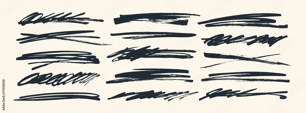 Black strikethroughs and underlines set. Brush drawn various strokes ...