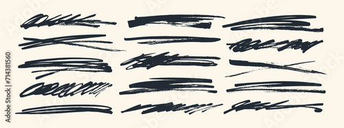 Black strikethroughs and underlines set. Brush drawn various strokes, crossed lines and strike through.
