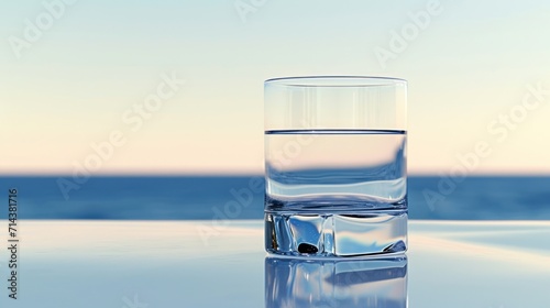 a glass of water sitting on top of a table next to a body of water in front of a body of water with a blue sky and white horizon in the background.