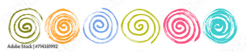 Set of spiral and swirl motion brush drawn colorful elements. Radial hypnotic spirals, swirls and circular shapes.