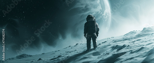 Space and future . Astronaut walking on a lunar surface with a planet rise in the background photo