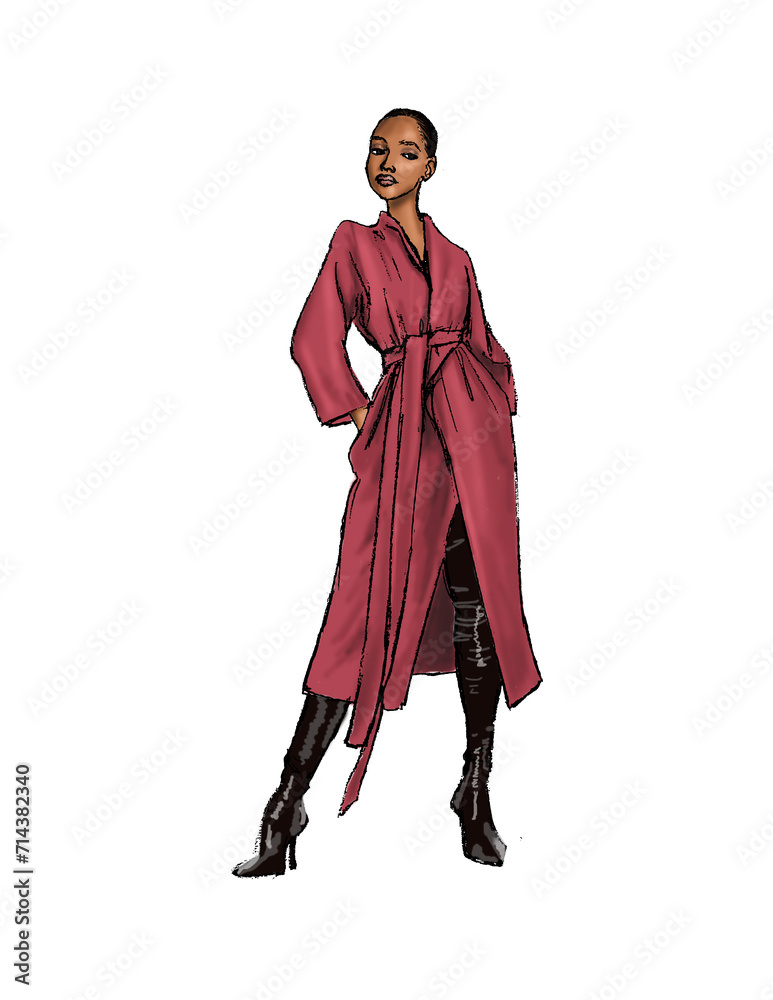 Female Model in Pink Coat and Black Leggings Fashion Illustration Sketch
