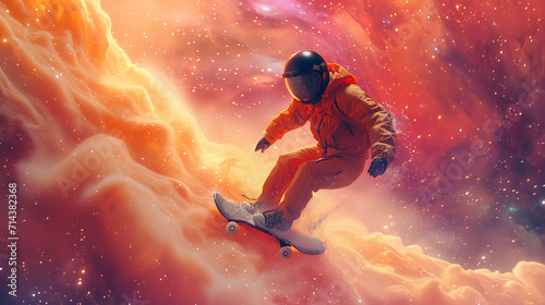 Colorful space scene with a person riding a skateboard. Driving in the cosmos, colorful clouds