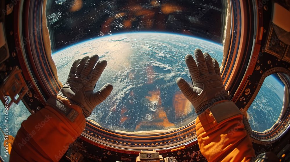 Space and planet earth. Astronaut's hands on spacecraft window overlooking Earth - obrazy, fototapety, plakaty 