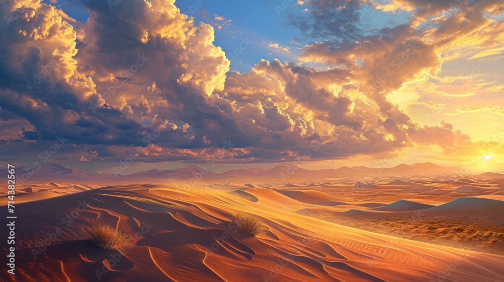 a painting of the sun setting over a desert landscape with sand dunes ...