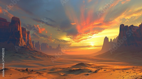  a painting of a desert at sunset with mountains and rocks in the foreground and a sky filled with clouds and sunbeams in the middle of the distance.