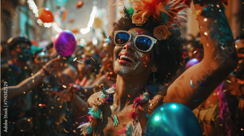 Carnival, festival and party. Exuberant woman enjoying a glittering street carnival with balloons