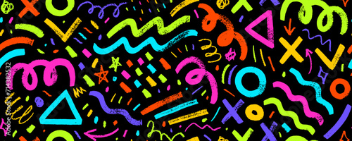 Colorful geometric grunge doodle seamless pattern with charcoal squiggles and brush drawn shapes.