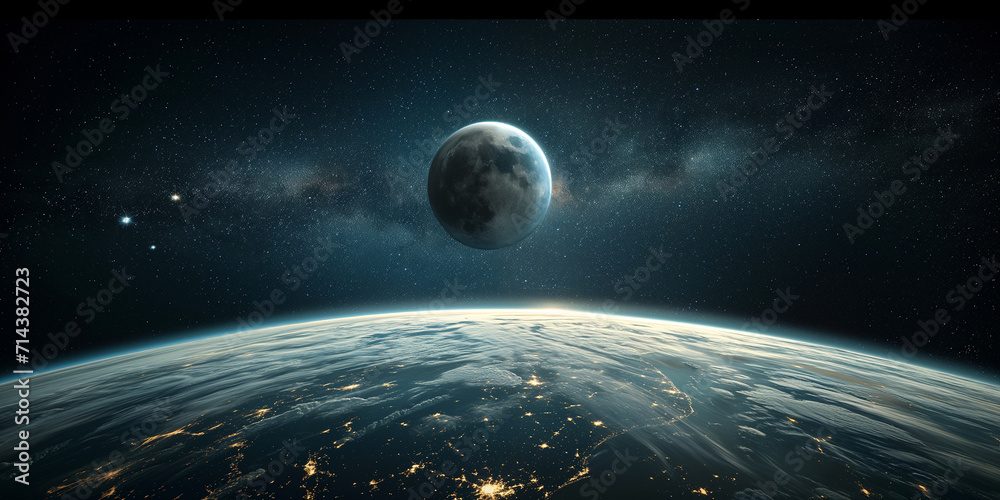 space, planet earth and moon. Futuristic wallpaper. Moon rising over the illuminated night side of Earth with stars and Milky Way in background - obrazy, fototapety, plakaty 