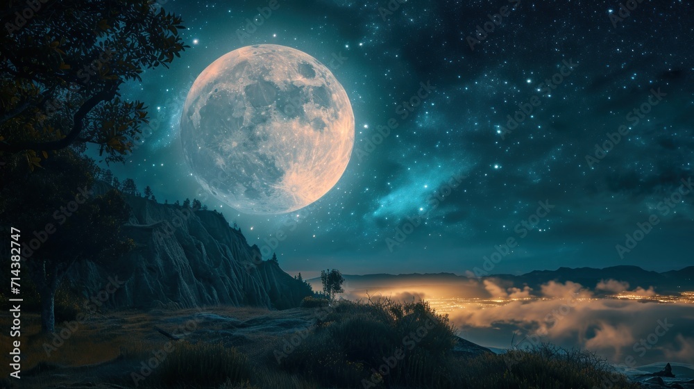 Fototapeta premium a night scene with a full moon in the sky and a mountain range in the foreground with clouds and trees in the foreground and a body of water in the foreground.