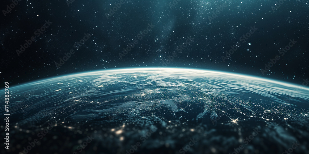 Obraz premium Space and planet earth. Earth's horizon with city lights from space against a starry sky.