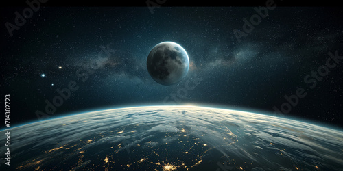 Fototapeta Naklejka Na Ścianę i Meble -  space, planet earth and moon. Futuristic wallpaper. Moon rising over the illuminated night side of Earth with stars and Milky Way in background