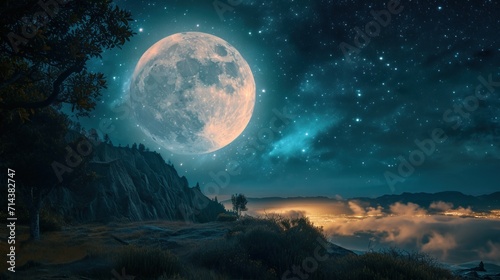  a night scene with a full moon in the sky and a mountain range in the foreground with clouds and trees in the foreground and a body of water in the foreground.
