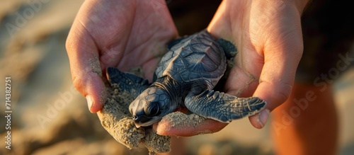 Conservationist holds rescued baby sea turtle. photo
