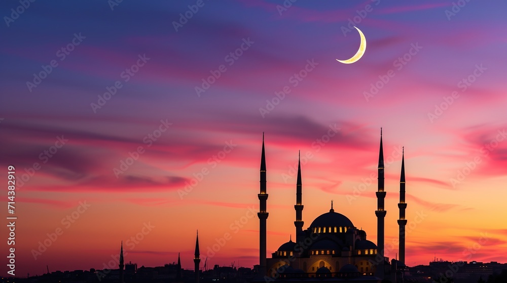 beautiful mosque at sunset with crescent
