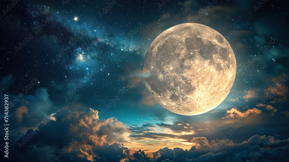  a full moon rising above the clouds in the night sky with stars and clouds in the foreground, and a dark blue sky with white clouds and stars in the background. - obrazy, fototapety, plakaty 