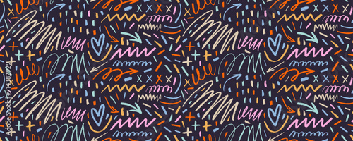 Pastel colored seamless banner backdrop with charcoal doodle arrows, dashes, curly and zigzag lines.