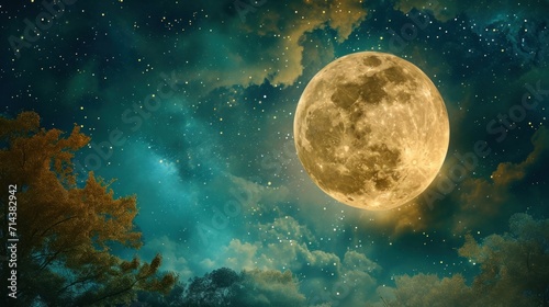  a full moon in the night sky with stars and clouds in the foreground  and a tree in the foreground  with a blue sky filled with stars and clouds.