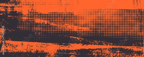 Orange and black grunge urban background with dry rough texture and halftones pattern.