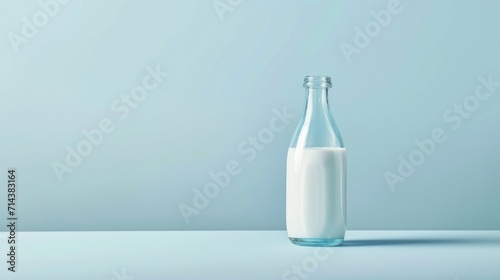  a glass bottle filled with milk sitting on top of a blue counter top next to a glass bottle with a small amount of milk in the top of the bottle.