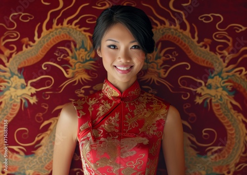 Chinese New Year Dragon Female Model Qipao Traditional Dress Background Wallpaper Image © DigitalFury
