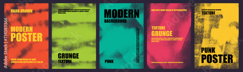 Grunge colorful poster collection with halftone texture and typography text. photo