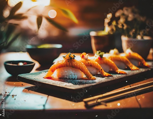 Sushi é uma culinária japonesa refinada que combina arroz temperado com vinagre, peixe fresco e outros ingredientes, proporcionando uma experiência gastronômica única e equilibrada. AI generation. photo