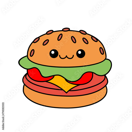 hamburger kawaii cute character Hand drawn coloring book illustration design