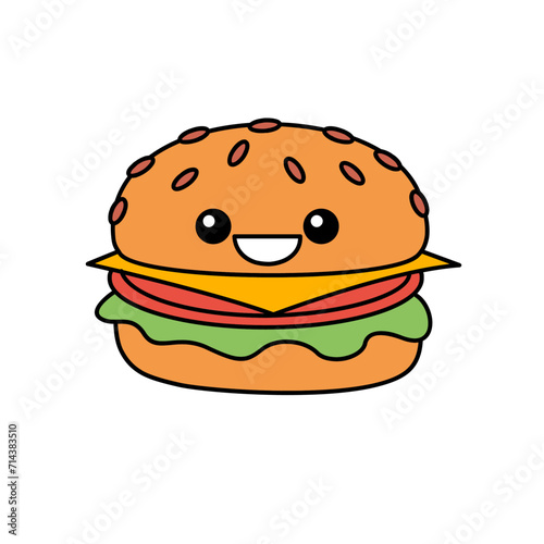 hamburger kawaii cute character Hand drawn coloring book illustration design