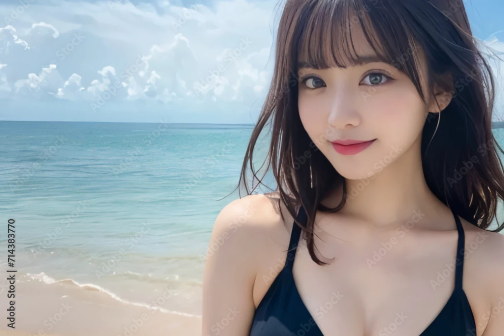 Japanese woman smiling in a swimsuit at the sea. Generative AI Japanese woman smiling in a swimsuit at the sea. Generative AI