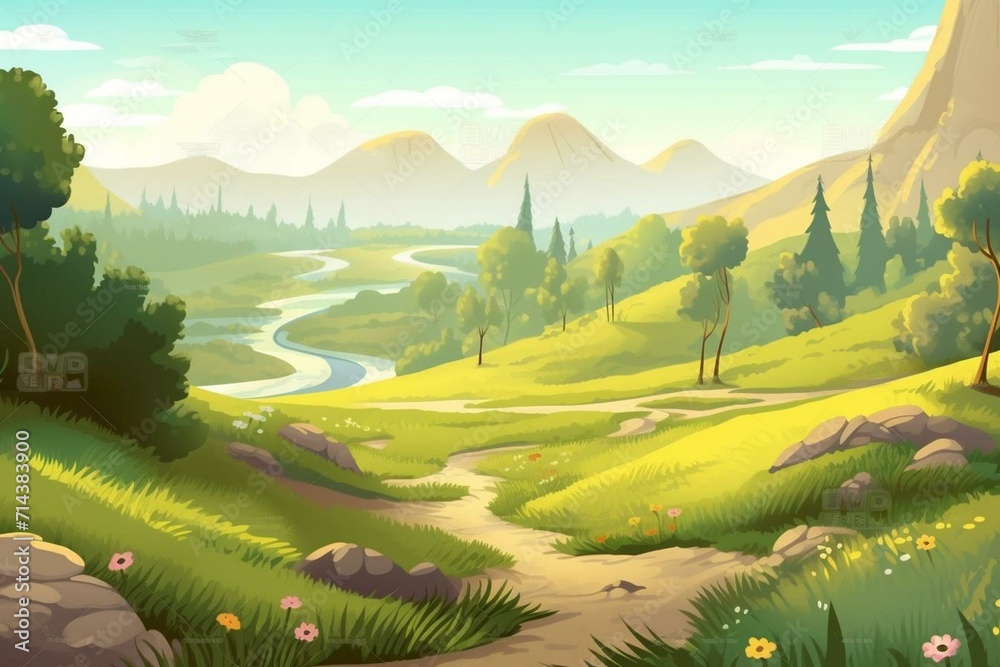Summer cartoon meadow valley illustration for children. Generative AI