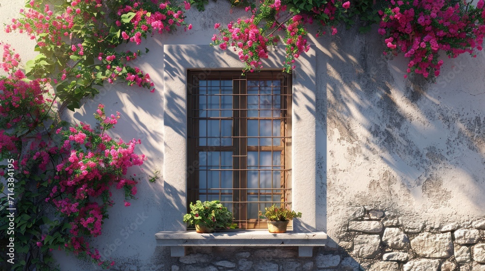 Naklejka premium a window with a bunch of pink flowers on the outside of it and a window sill with a potted plant on the outside of the window sill.