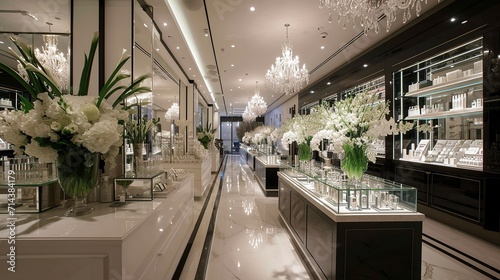 luxury elegant white interior with flowers and crystal chandeliers of a perfumery and cosmetics store of exclusive brands. 