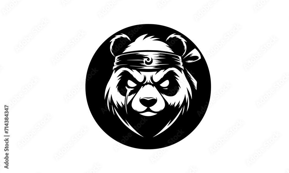 ninja panda having a scar on his right eye mascot logo, black and white panda with scar mascot logo