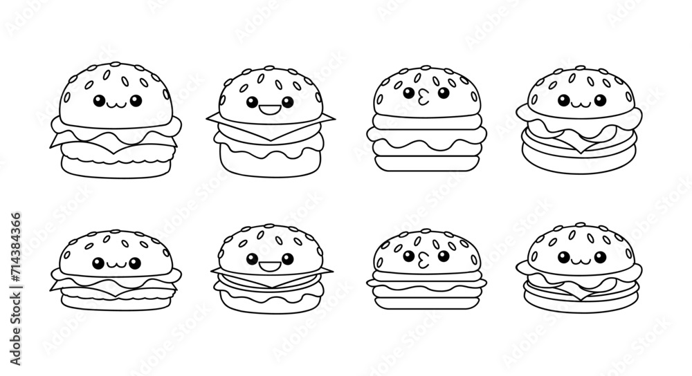 hamburger kawaii cute character Hand drawn coloring book illustration design hamburger kawaii cute character Hand drawn coloring book illustration design