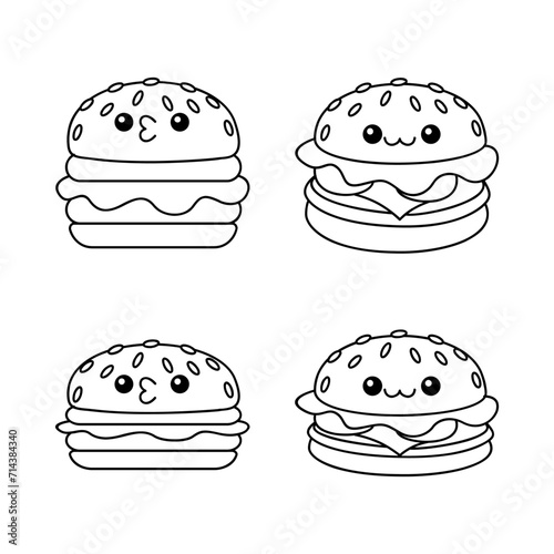 hamburger kawaii cute character Hand drawn coloring book illustration design