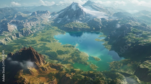 an aerial view of a mountain range with a body of water in the foreground and a lake in the middle of the image in the middle of the foreground.